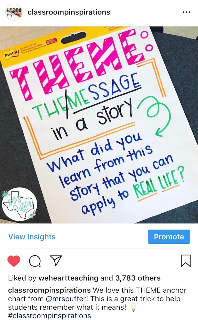   @mrspuffer  shared this great anchor chart and trick for helping students remember what “theme” means. 
