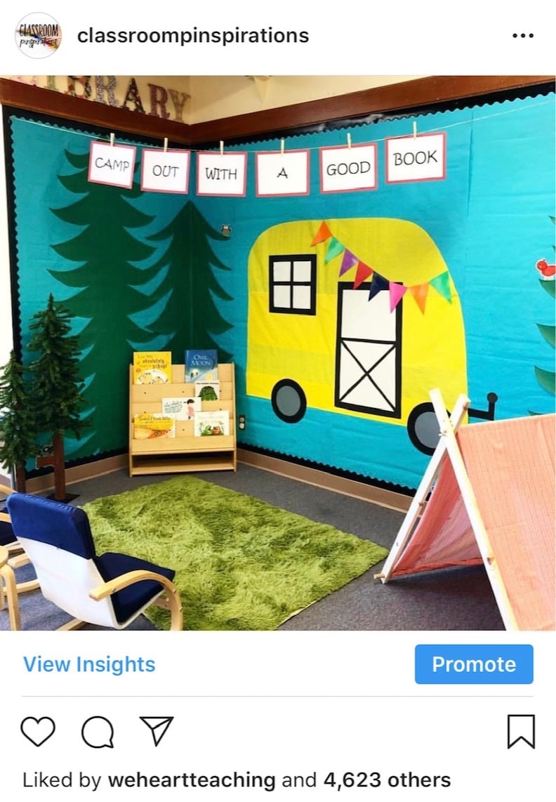  This camping-themed reading area from  @missmtjscreativeprek  was our most-liked post of 2018! That camper is just too cute! 